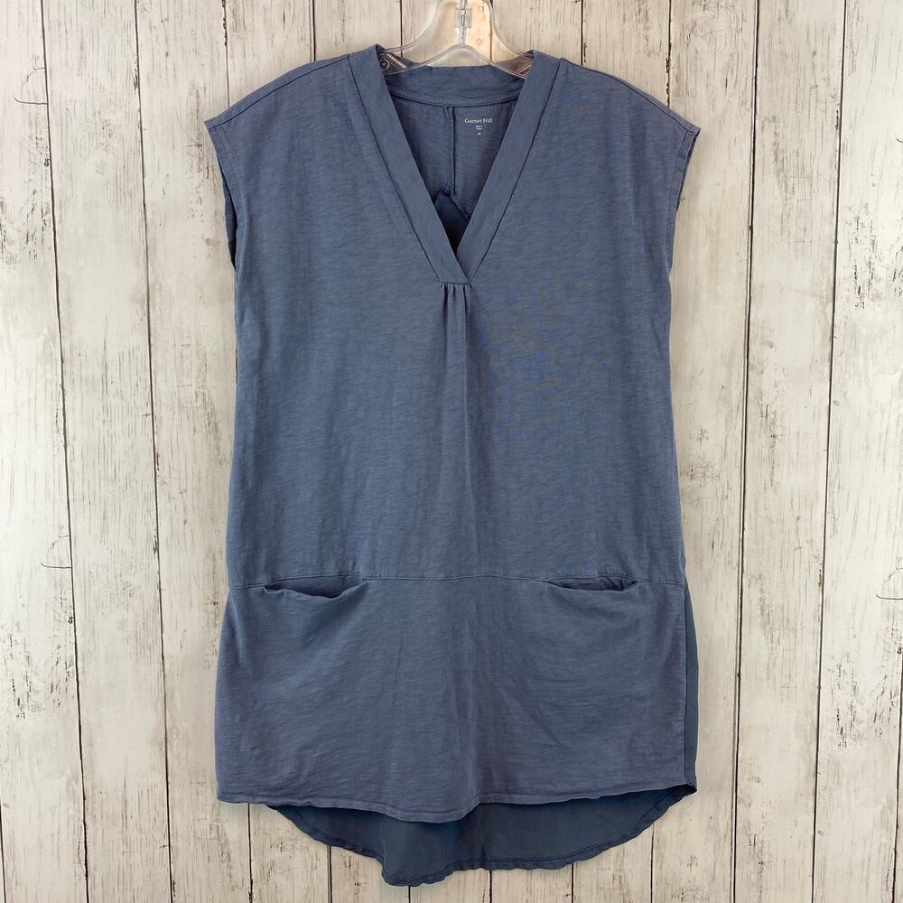 Garnet Hill Blue Cotton Silk-Back Cap-Sleeve Tunic Top Blouse Pockets Size XS